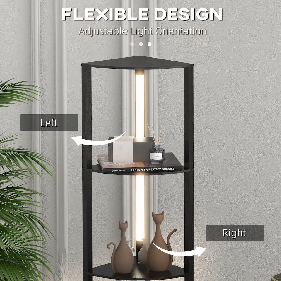image 1 of HOMCOM LED Floor Lamp with Shelves, 5Tier Dimmable Standing Lamp with Adjustable Brightness and Foot Switch, Modern Corner Display FanShaped Shelf Unit for Living Room Bedroom Office, Black