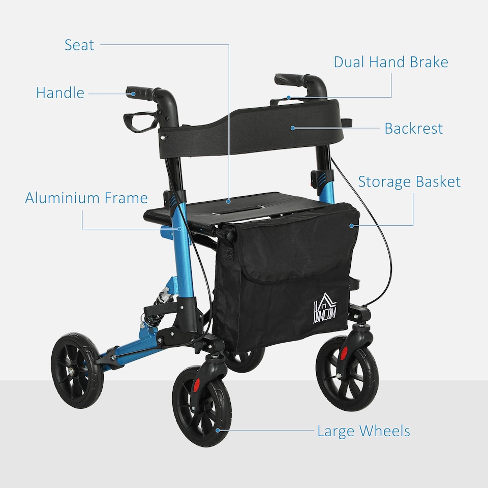 image 1 of HOMCOM Folding Rollator Walker with Seat, Backrest, Lightweight Walking Frame with Storage Bag, Dual Brakes, Adjustable Handle Height, Suspension System, 4 Wheeled Walker for Seniors, Blue