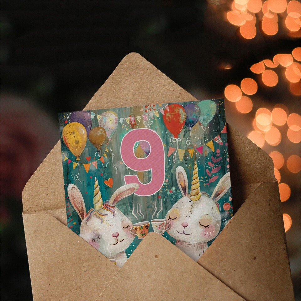 image 1 of Cute Bunny Unicorn 9th Birthday Card for Kids Son or Daughter