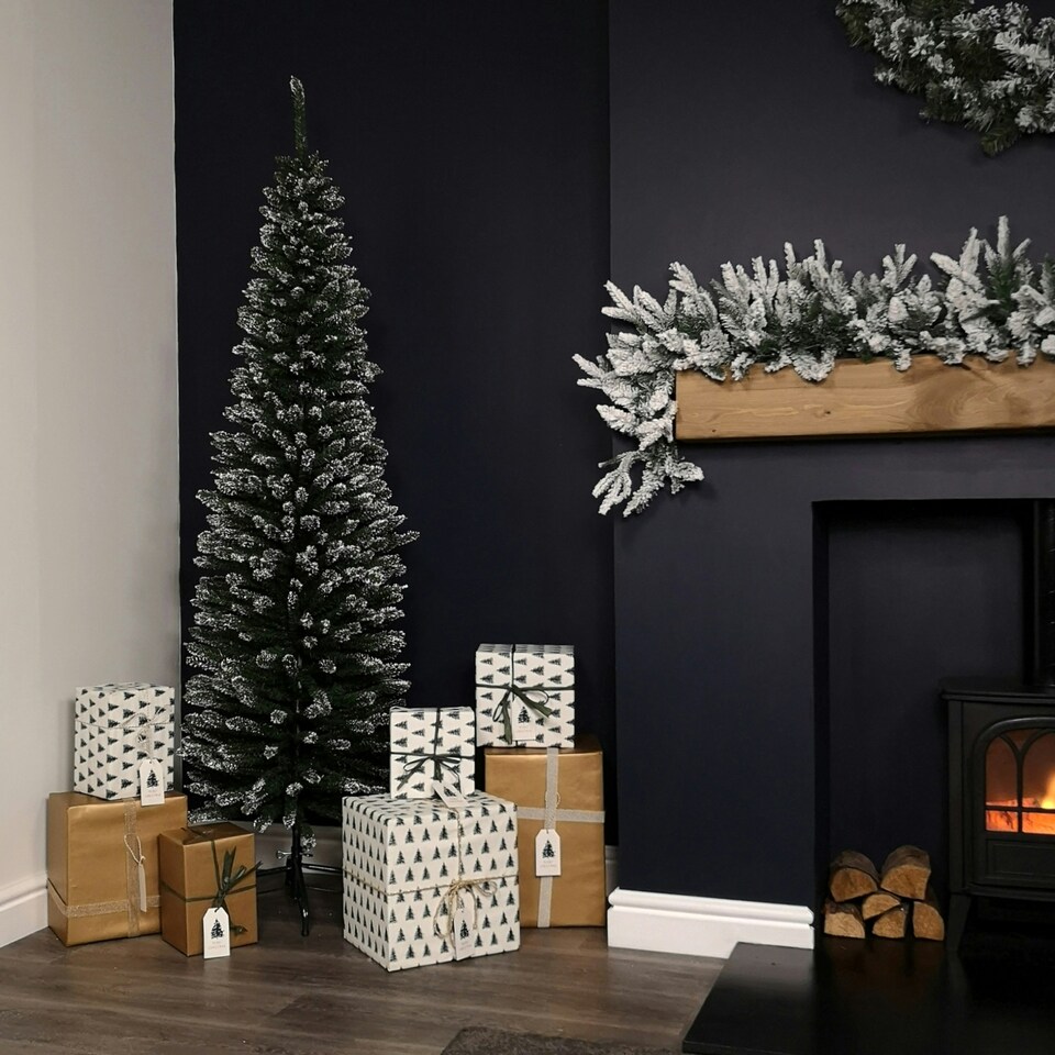 image 1 of 6.5ft (2m) Pencil Style Slim Snow Tipped Artificial Christmas Tree in Green
