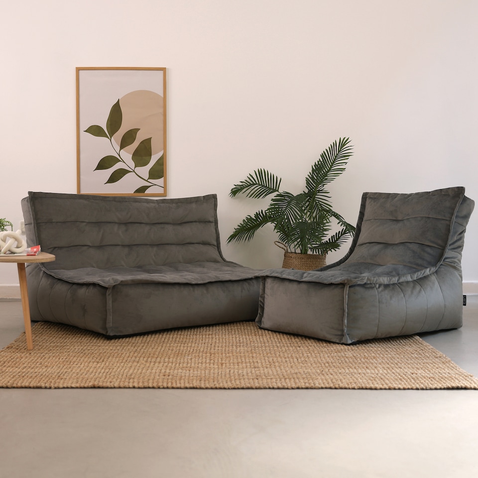 image 1 of Kota Velvet XL Bean Bag Sofa & Lounger Set Grey Bean Bag Chair | Grey | Grey | L | 1