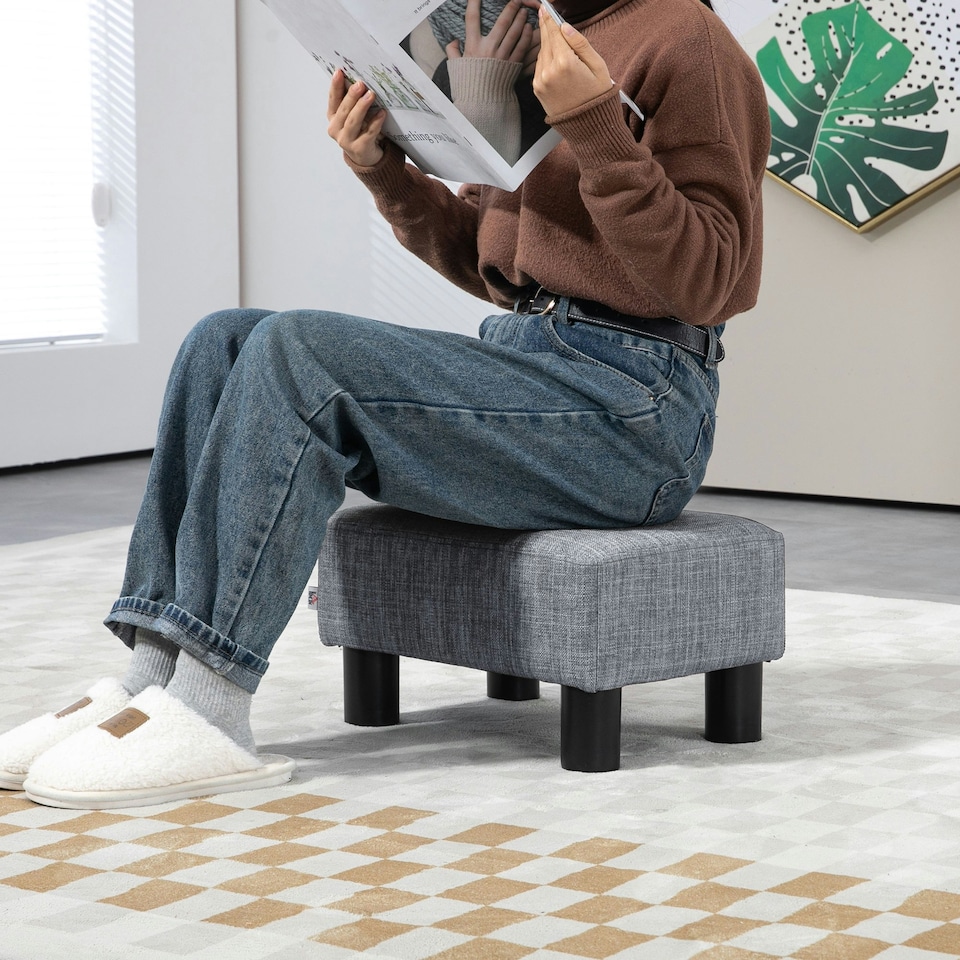 image 1 of HOMCOM Chic Linen Fabric Footstool Ottoman Cube with 4 Plastic Legs Grey