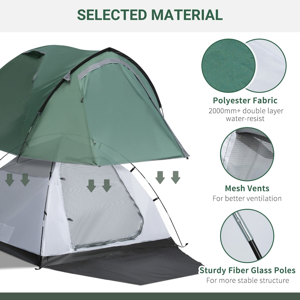 image 1 of Outsunny Compact Camping Tent w/ Vestibule & Mesh Vents for Hiking Green