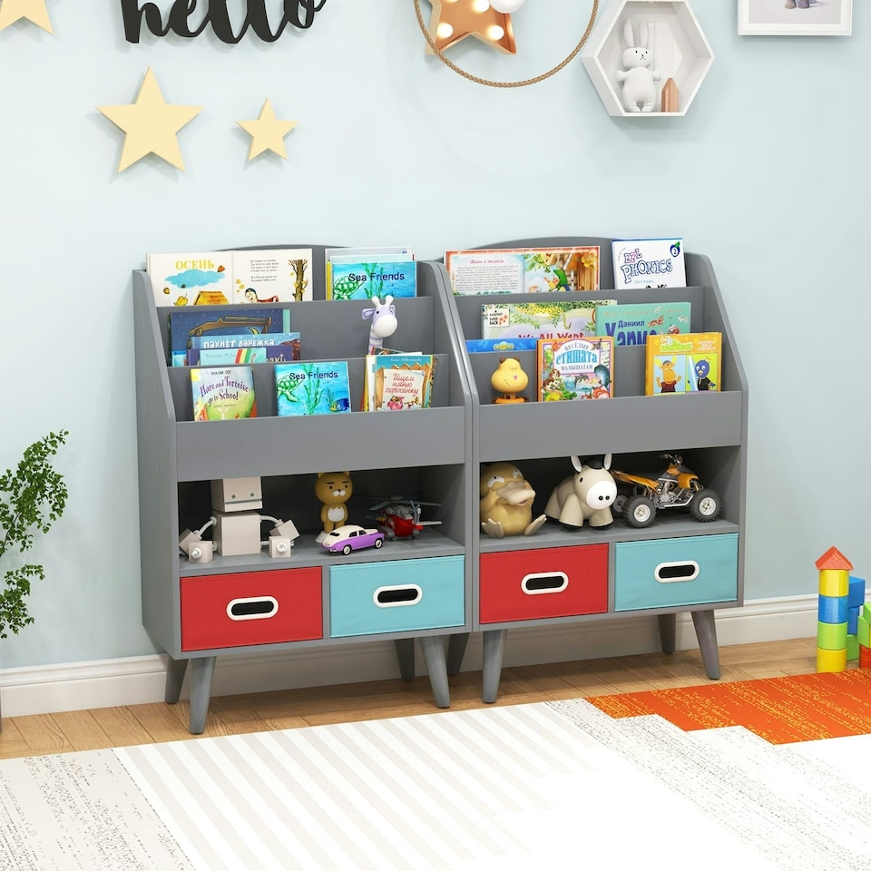 image 1 of COSTWAY Kids Bookshelf Wooden Display Rack 3-Tier Grey | Grey