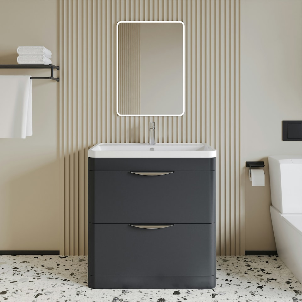 image 1 of Floor Standing 2 Drawer Vanity Unit with Polymarble Basin - 800mm - Soft Black Grey