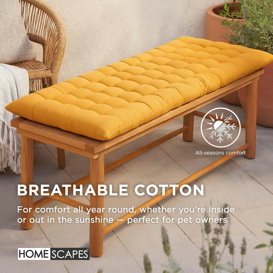 image 1 of Homescapes Garden Bench Cushion Luxury 2 Seater 100% Cotton Indoor Outdoor Seat Pad | Yellow | 2 Seater | 1