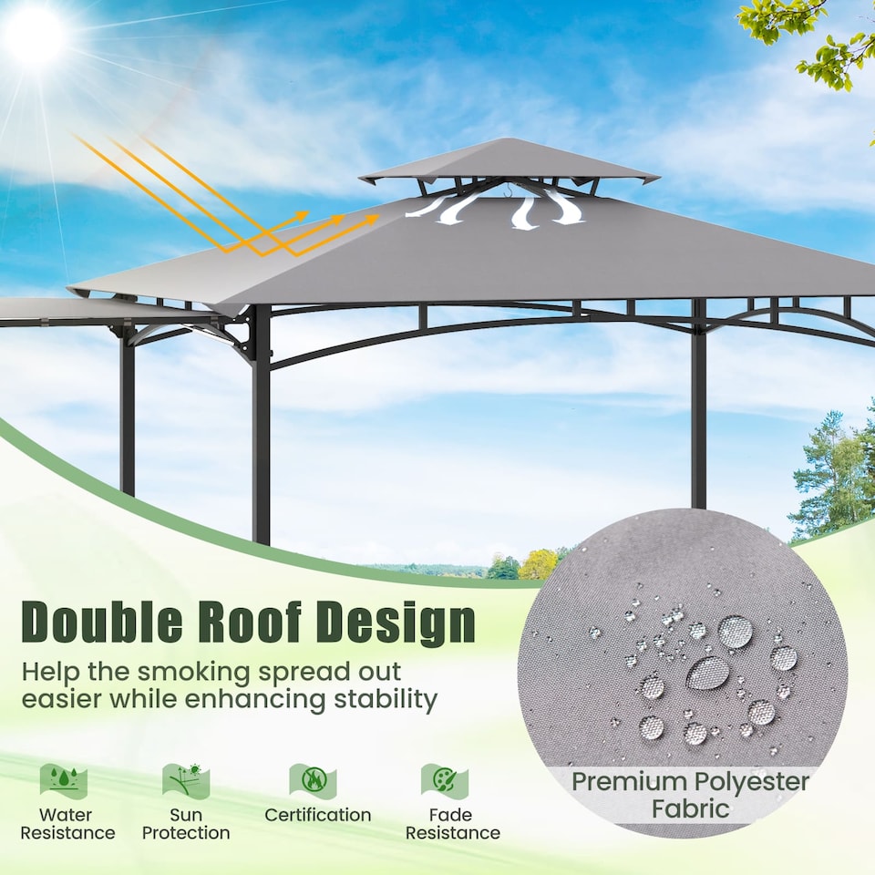 image 1 of COSTWAY 318x153cm Grill Gazebo Outdoor Barbecue Canopy Tent w/Side Awning-Grey