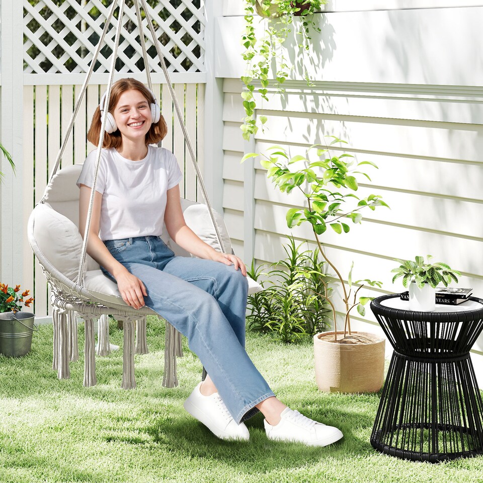 image 1 of Outsunny Hanging Chair Outdoor Hammock Chair with Soft Cushion, Cotton Rope Boho Style Swing Chair, Hanging Garden Swing Seat for Indoor Outdoor, Cream White | Cream | Cream