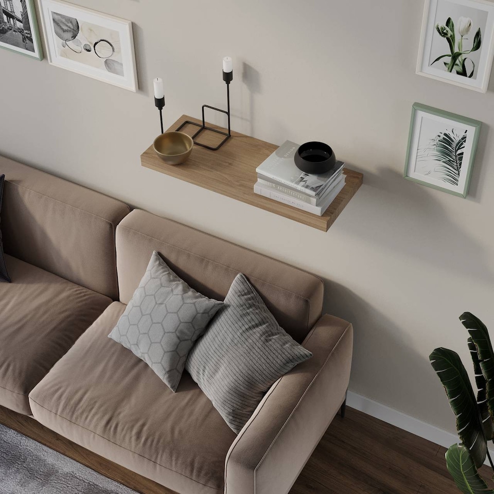 image 1 of Floating Wooden Wall Shelves - 60x23.5cm | Brown | Oak & Set of 3 | 3