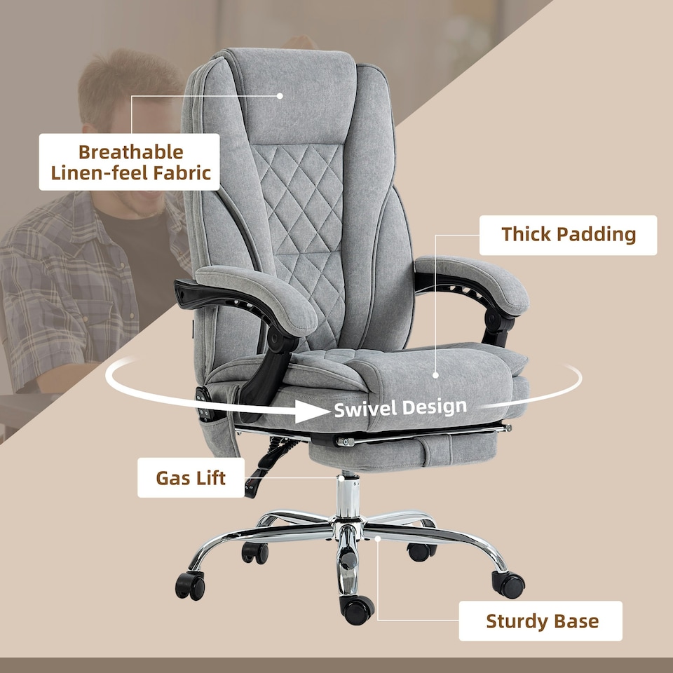 image 1 of Vinsetto Massage Office Chair, Heated Reclining Desk Chair, Grey