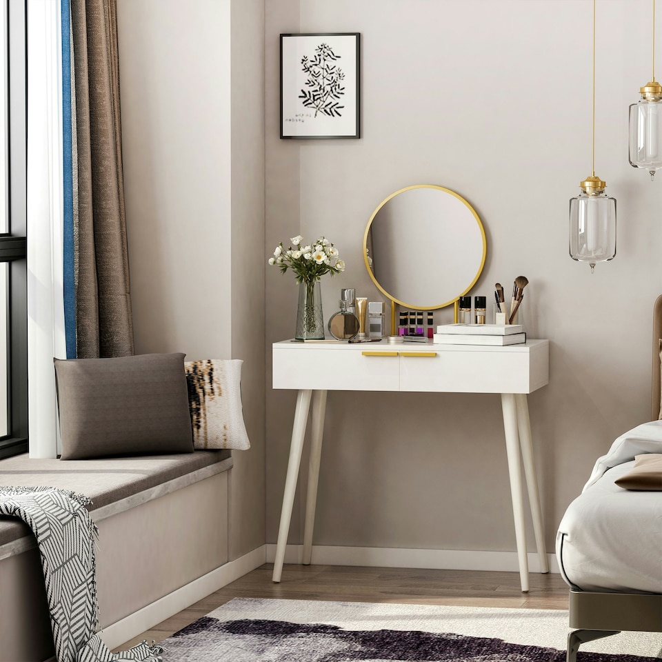 image 1 of HOMCOM Modern Dressing Table w/ 2 Drawers Round Mirror for Bedroom White