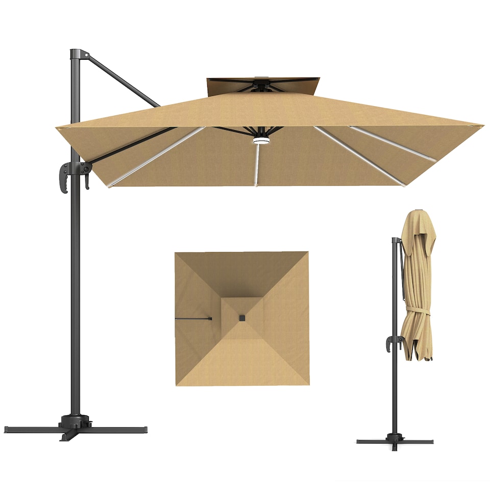 image 1 of Outsunny 2.5m Cantilever Parasol with Solar Powered LED Lights, Double Top Square Overhanging Garden Parasol with 360 Rotation, Tilt Adjustment, Crank Handle, Khaki | Brown