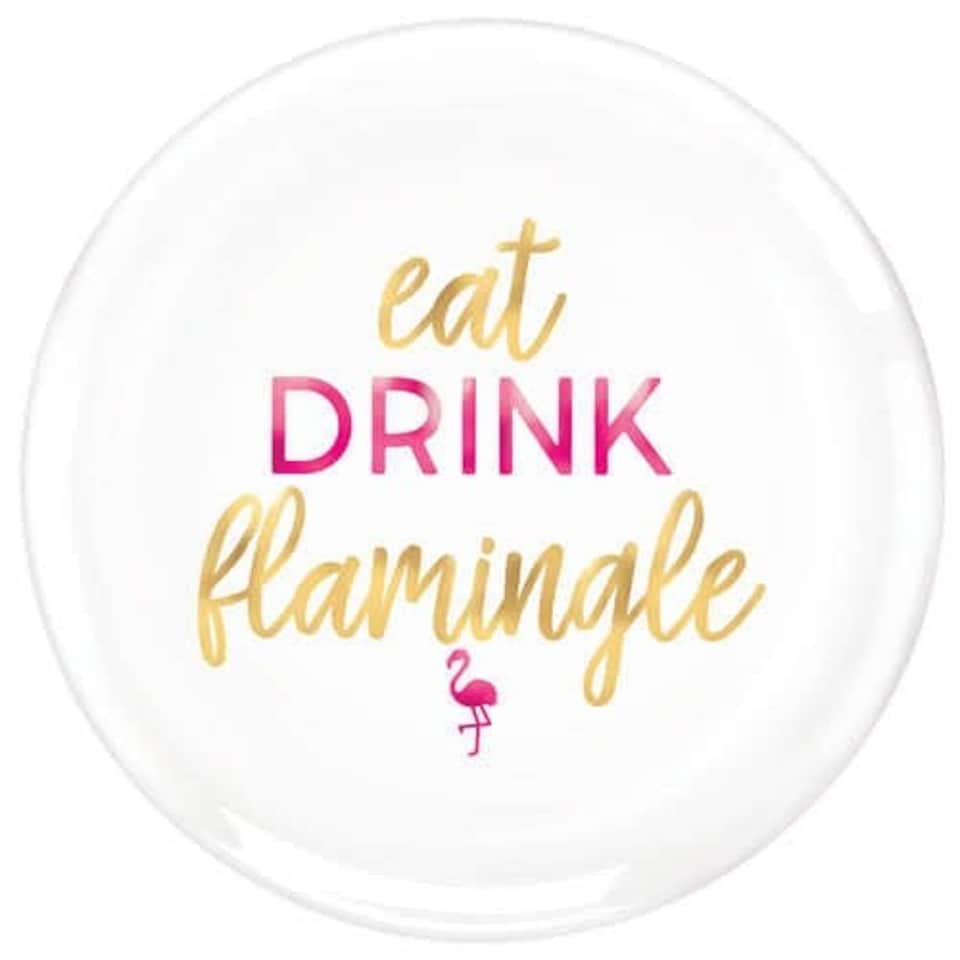 Aloha Summer Foil Hot Stamped Flamingo Round Serving Reusable Plastic Platter 35cm
