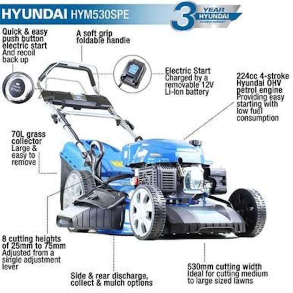 image 1 of Hyundai 21'' / 53cm 224cc 4-in-1 Electric-Start Self-Propelled Petrol Lawnmower, Mulch, Rear & Side Discharge, Hose Connector | HYM530SPE