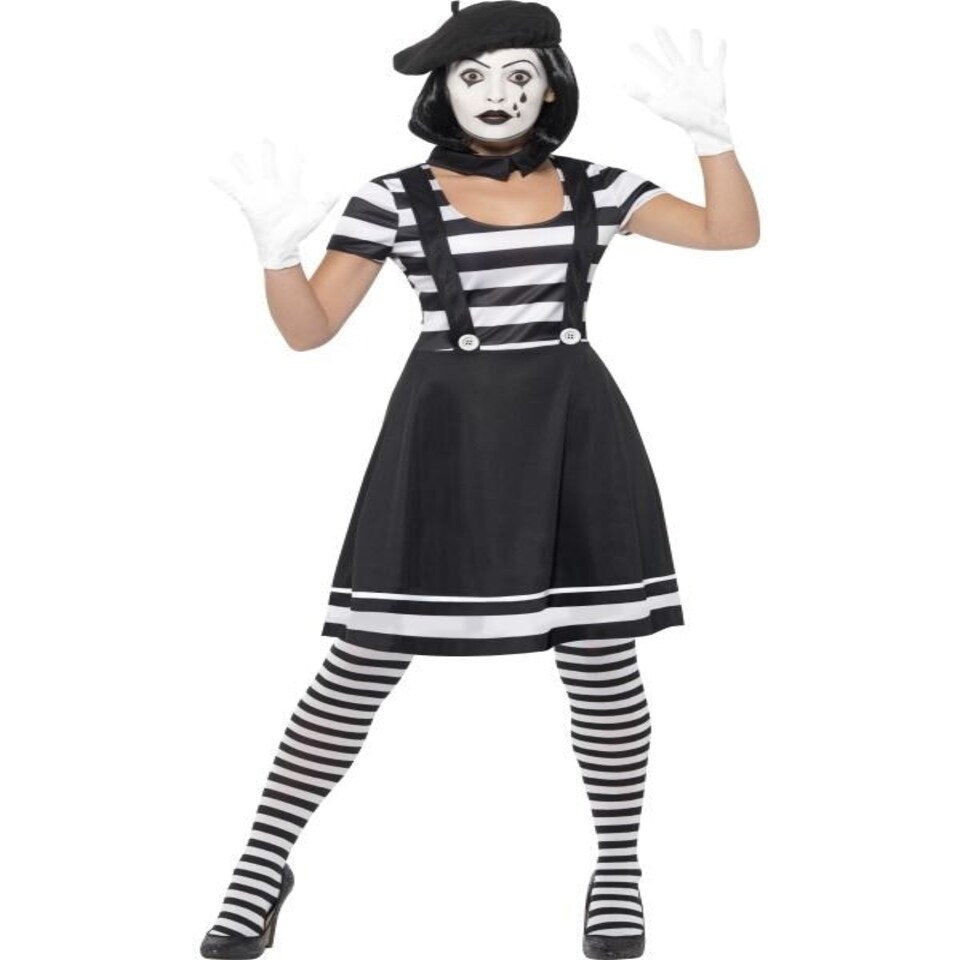 Lady Mime Artist Costume - Black - Dress - Collar - Beret - Gloves - Tights & Make-Up - 24627L L