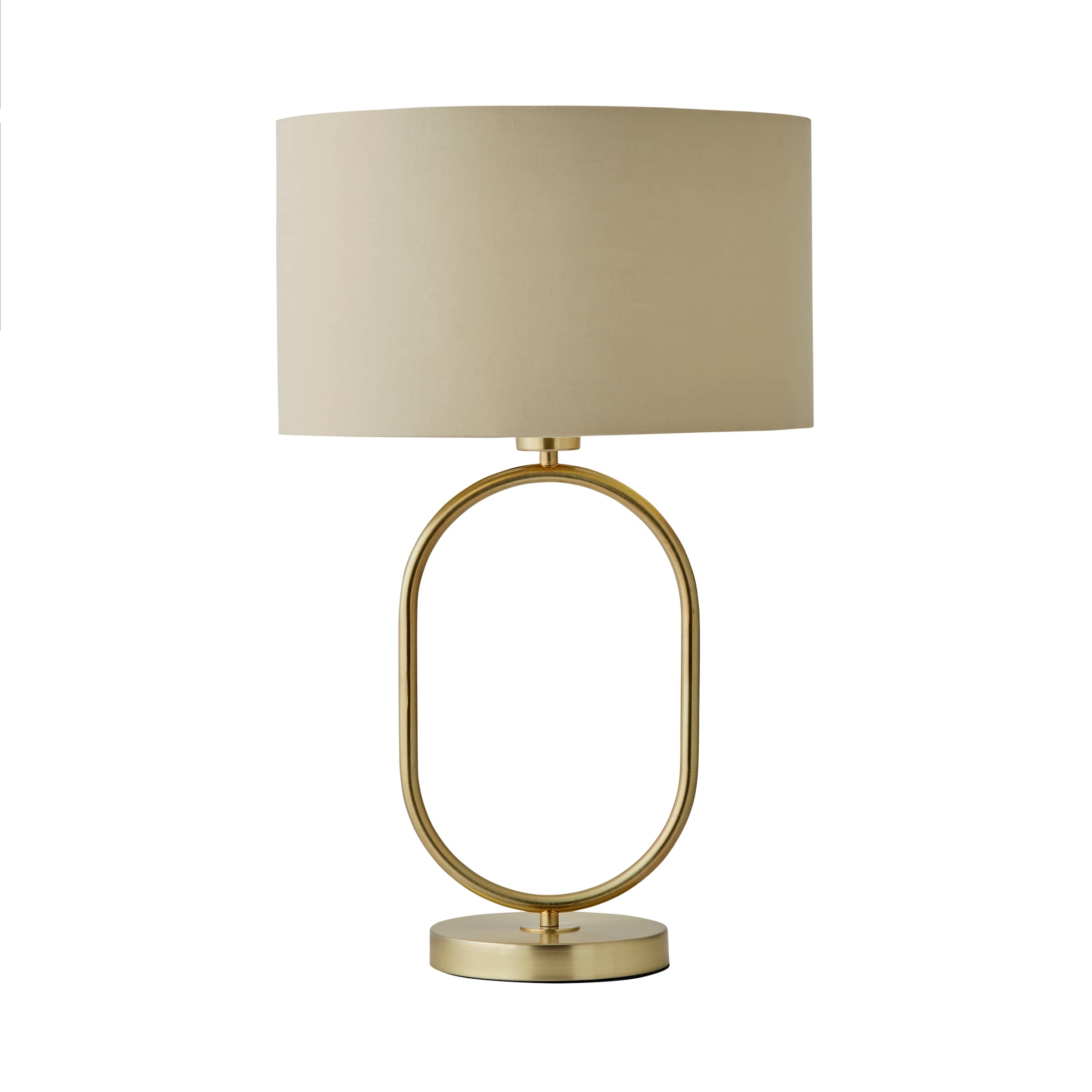 ValueLights Antonia Fabric with Metallic Gold Inner Drum Shade Brushed Gold Oval Table Lamp in Beige