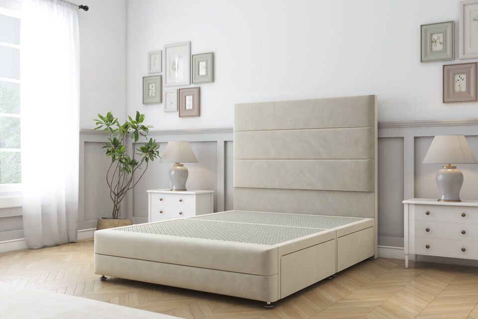 image 1 of Sloomy Monaco Cream Plush Divan Bed Base 2 Drawers Right Side With 54 Inch Floor Standing Headboard & 12 Inch Matching Footboard | Cream | Cream | Small Single | 1