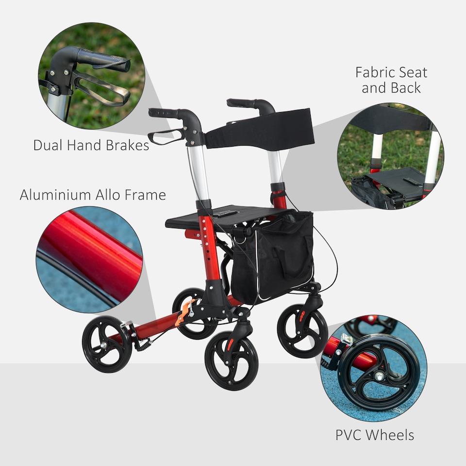 image 1 of HOMCOM Folding Rollator Walker with Seat and Backrest, Lightweight Walking Frame with Detachable Storage Bag, Dual Brakes, Adjustable Handle Height, 4 Wheeled Walker for Seniors, Handicapped, Red