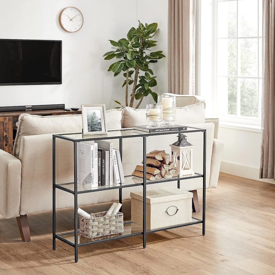 image 1 of 3-Tier Glass Console Table with Steel Frame, Hallway and Living Room Storage Table, Black