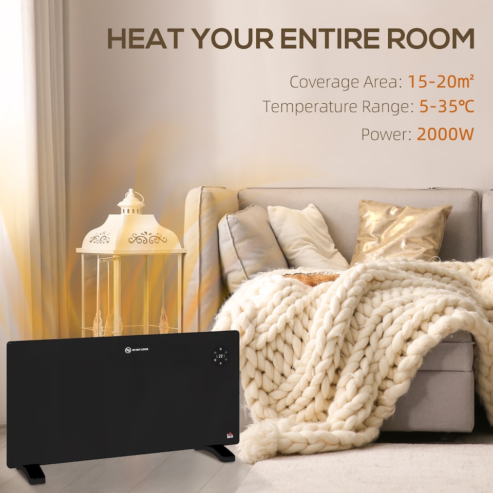 image 1 of HOMCOM 2000W Electric Panel Heater, Freestanding or Wall Mounted, Convector Heater with LED Display, Open Window Detection, Timer, Overheat Protection, Remote Control, Black
