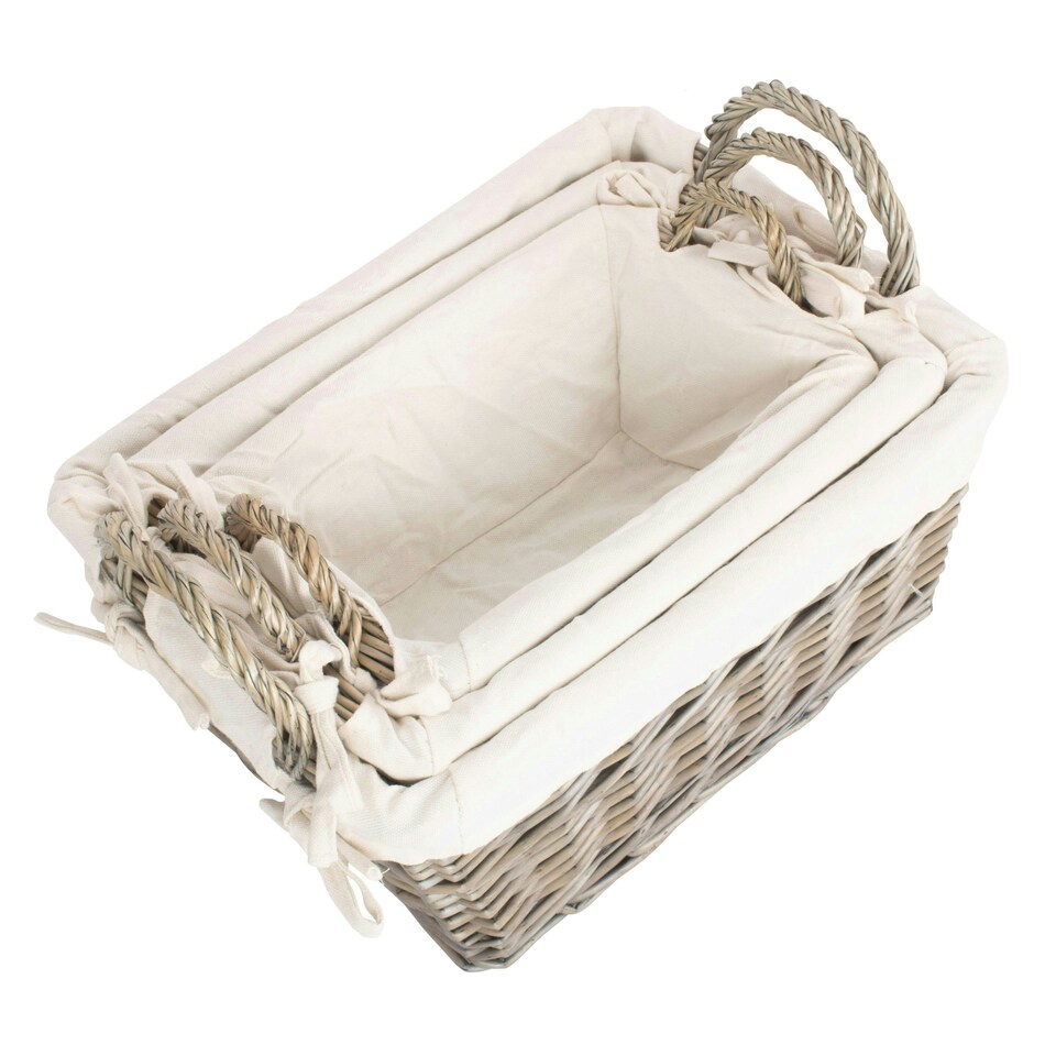 image 1 of Set of 3 Antique Wash Wicker Handled Lined Storage Basket White