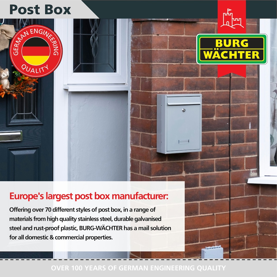 image 1 of Burg-Wachter Trent Wall Mounted Galvanised Steel Lockable Post Box - 26x34x9cm Silver