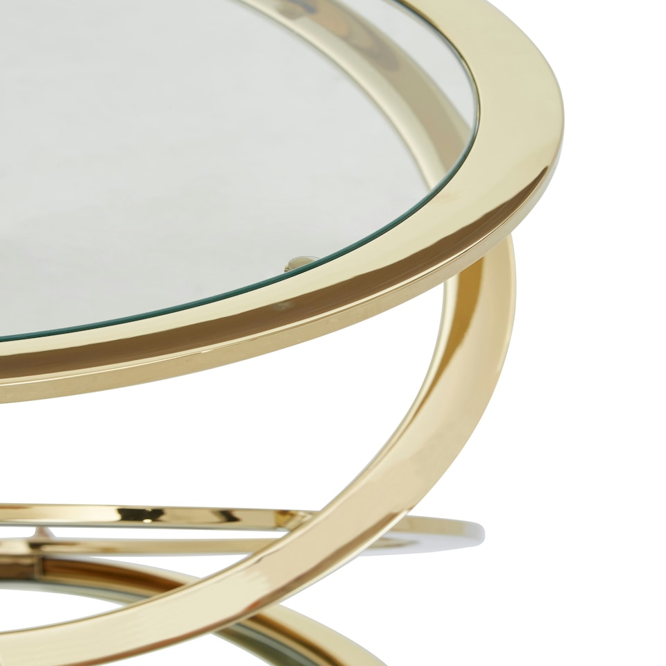 image 1 of Interiors by Premier Clear Glass and Gold Metal Side Table, Contemporary End Table with Glass Top and Bottom Shelf, Modern Table Gold