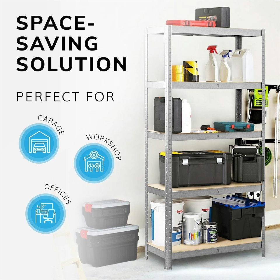 image 1 of Boltless 5 Tier Shelving Racking Heavy Duty Steel Shelf Unit Shed Garage Home Silver
