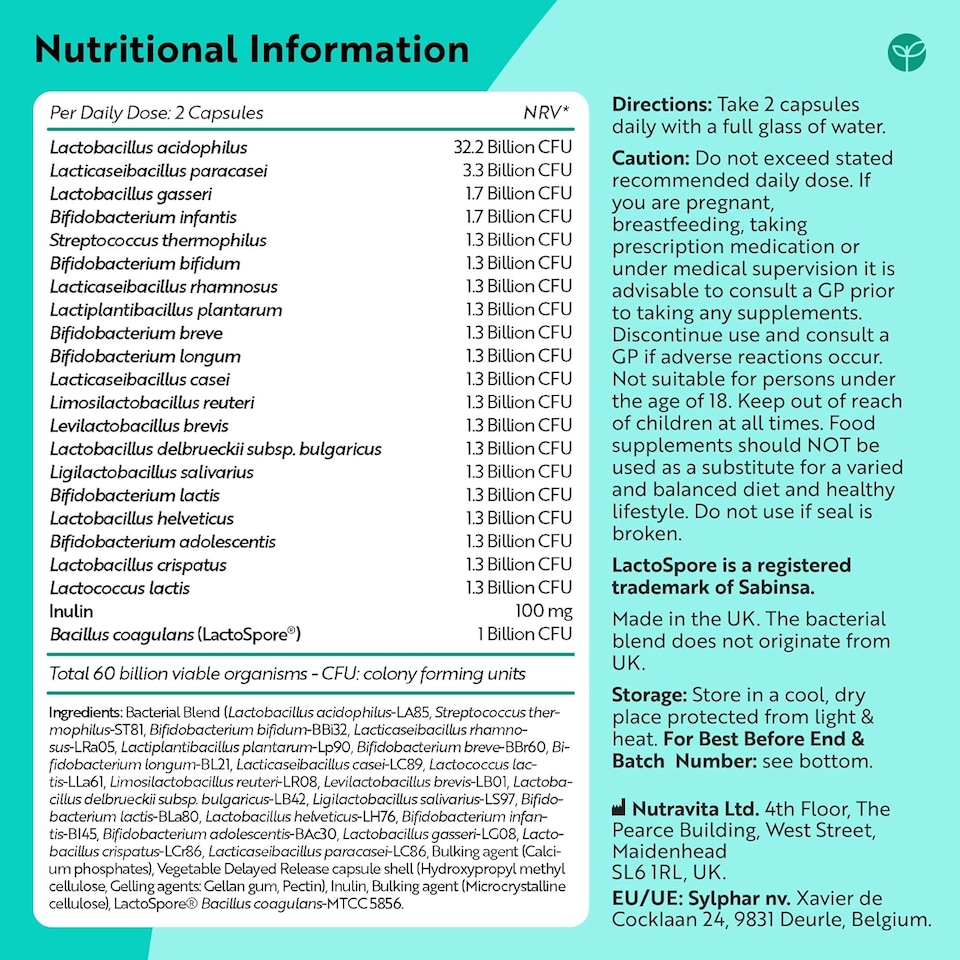 image 1 of Nutravita Probiotics 60 Billion CFU with Lactospore - 21 Strain Probiotics & Prebiotics - Lactobacillus Reuteri & Acidophilus - 60 Capsules