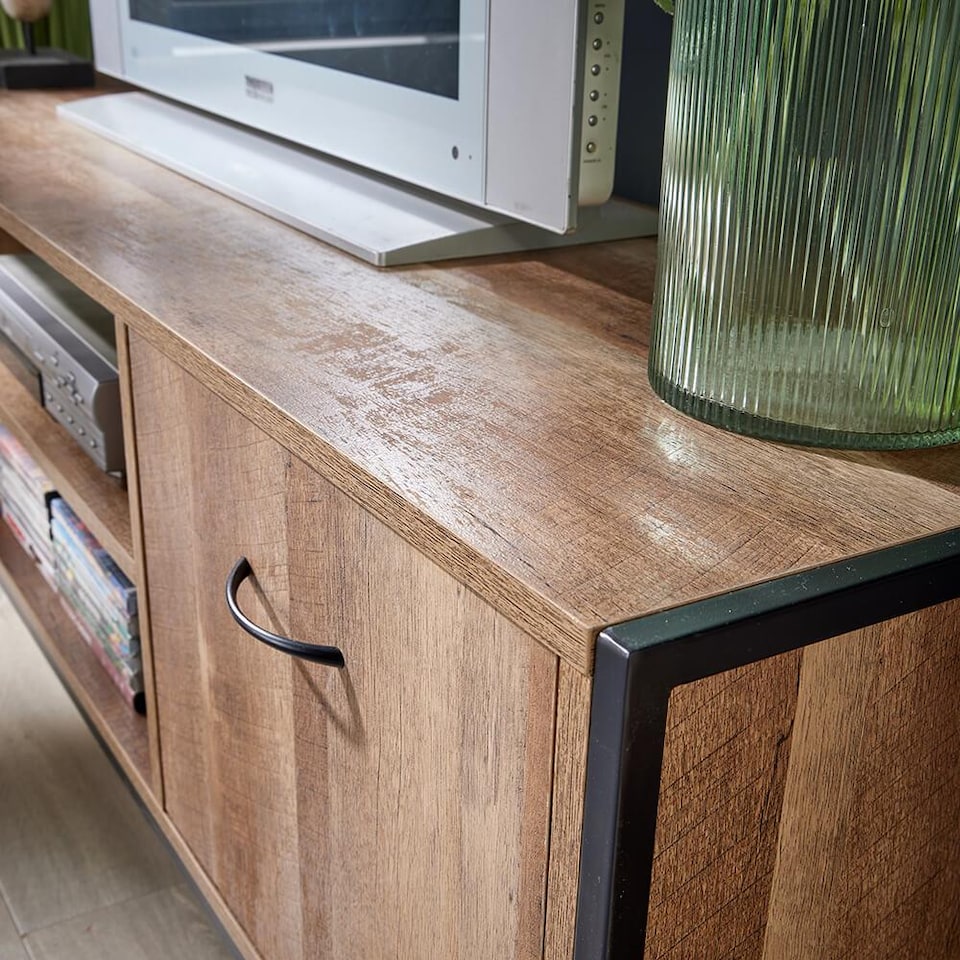 image 1 of TV Unit Media Stand Storage Cabinet Modern Oak Finish Cupboard and Shelf Storage | Brown