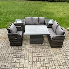 Fimous Outdoor Rattan Furniture Garden Dining Set Patio Height Adjustable Rising lifting Table Reclining Chair Sofa With 2 Side Tables Dark Grey Mixed