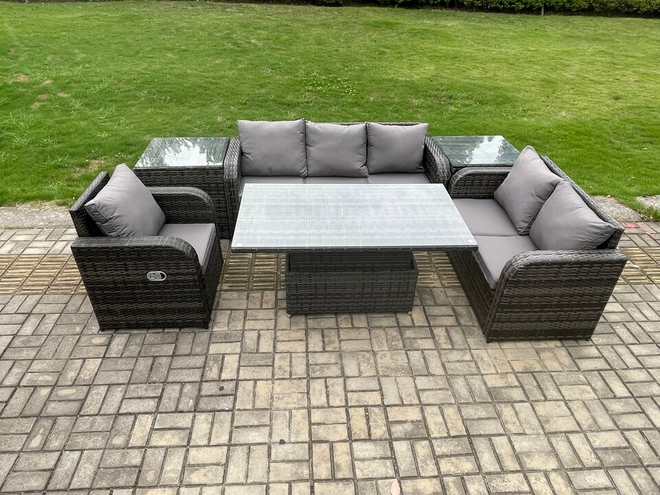image 1 of Fimous Outdoor Rattan Furniture Garden Dining Set Patio Height Adjustable Rising lifting Table Reclining Chair Sofa With 2 Side Tables Dark Grey Mixed