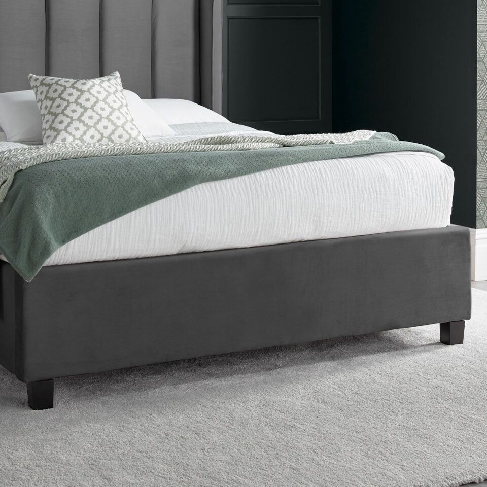 image 1 of 4ft6 Double Ottoman,Grey Velvet fabric upholstered,lift up,storage,tall winged bed frame. Gas lift up, Boutique Hotel style, tall headend board, wing back
