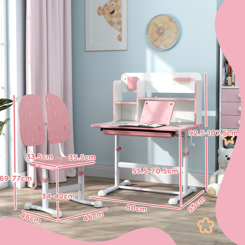 image 1 of AIYAPLAY Kids Desk and Chair Set w/ Tiltable Desktop, Reading Rack, Pink
