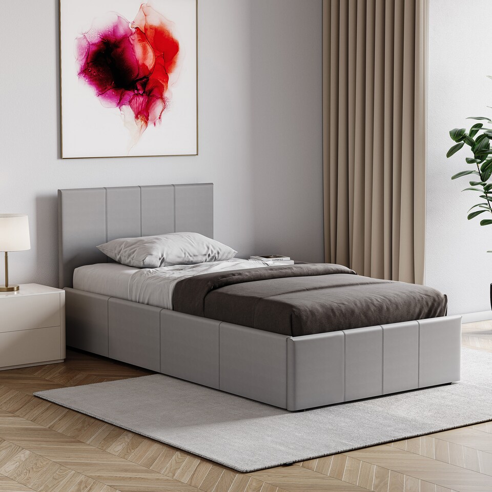 image 1 of Vida Designs Lisbon 3ft Single Ottoman Bed Storage Faux Leather, Grey, 90 x 190cm