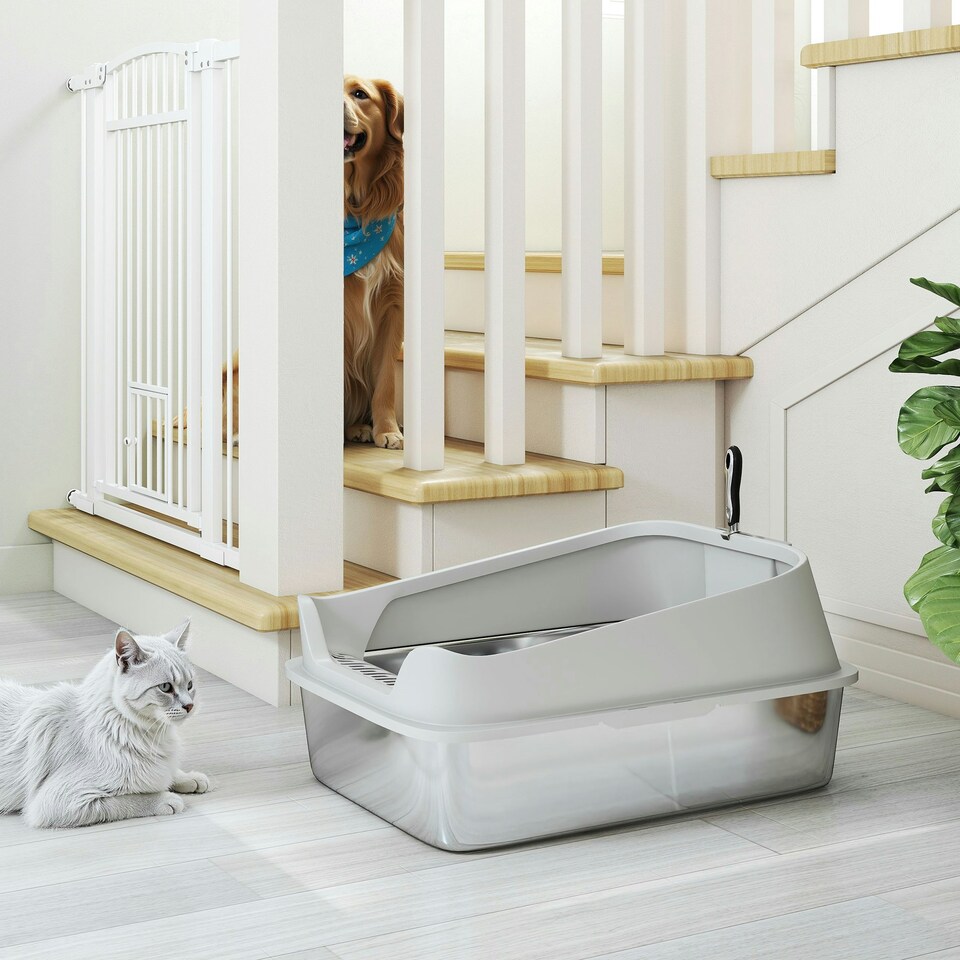 image 1 of PawHut Stainless Steel Cat Litter Box with High Sides Grey | L