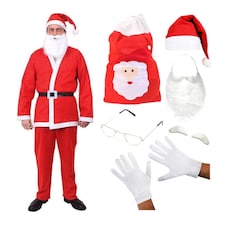 5 Piece Santa Costume - with Glasses, Gloves, Eyebrows & Sack | Multi | S