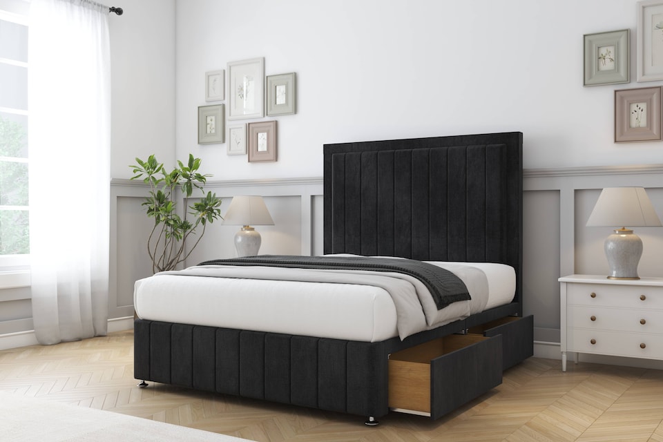 image 1 of Sloomy Pemberton Black Naples Divan Bed With Mattress 2 Drawers Left Side With 26" Strutted Headboard & 12" Matching Footboard 5' King | Black | Black | King | 1