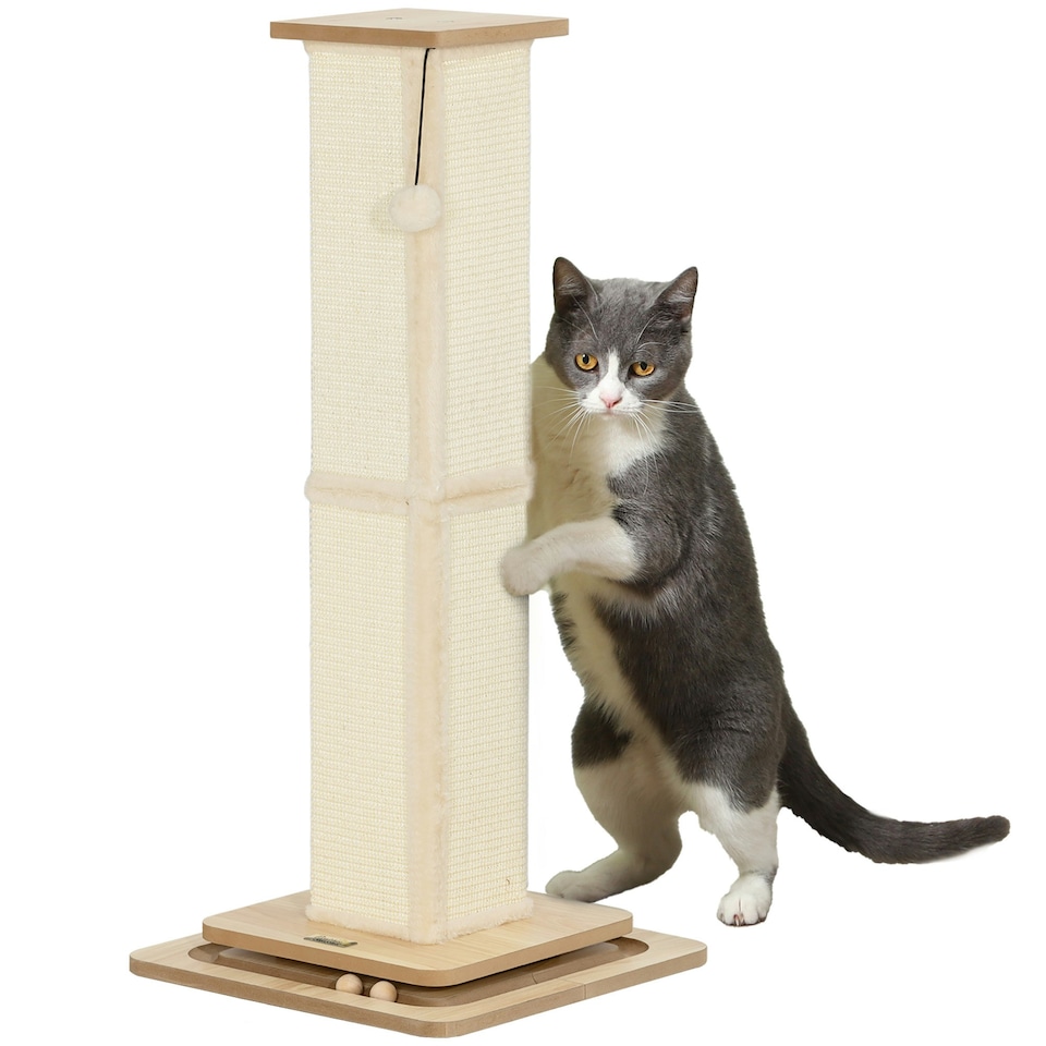 image 1 of PawHut 3-in-1 Cat Scratcher Post with Sisal Track Ball Toy, 87cm, Light Oak