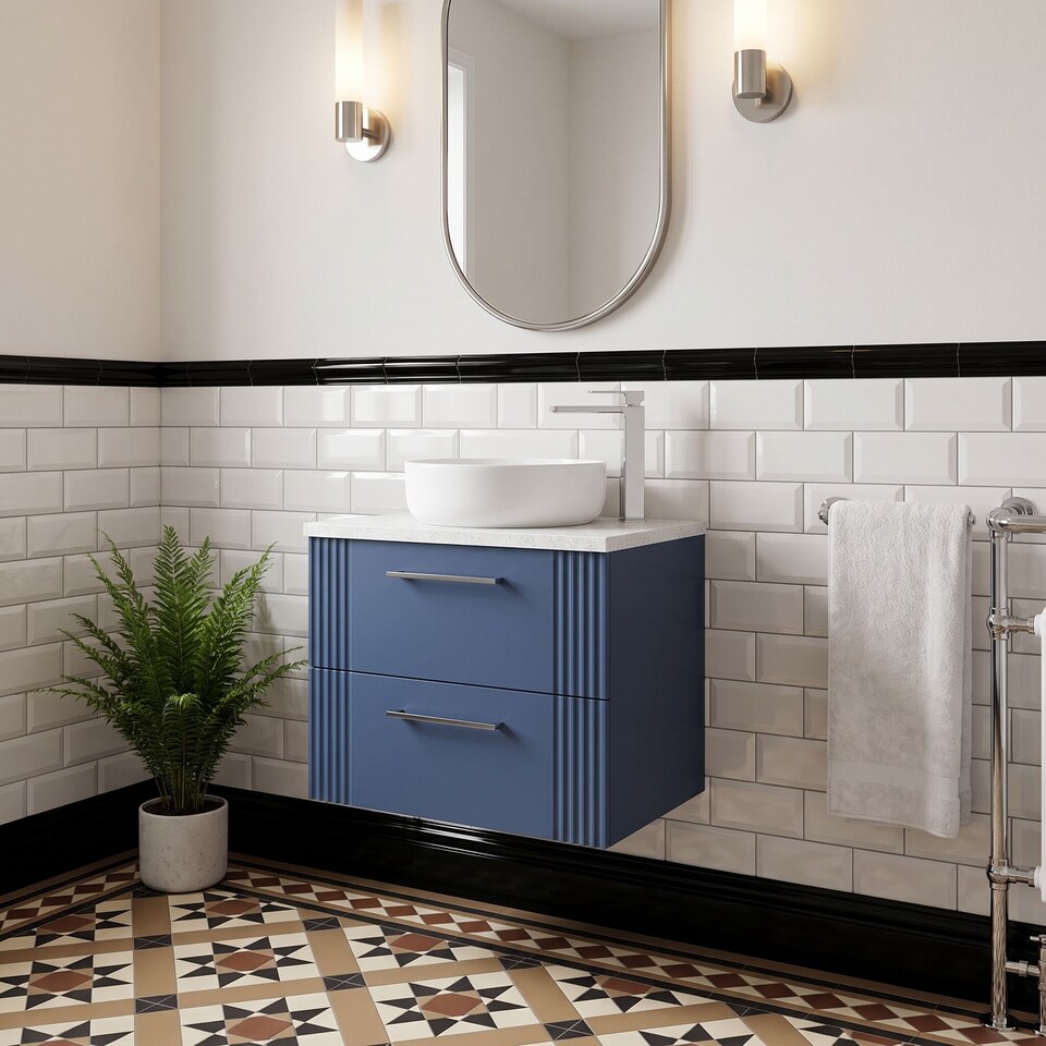 image 1 of Balterley Partial Fluted 2 Drawer Wall Hung Vanity Unit with Sparkling Laminate Worktop | Blue | Satin Blue
