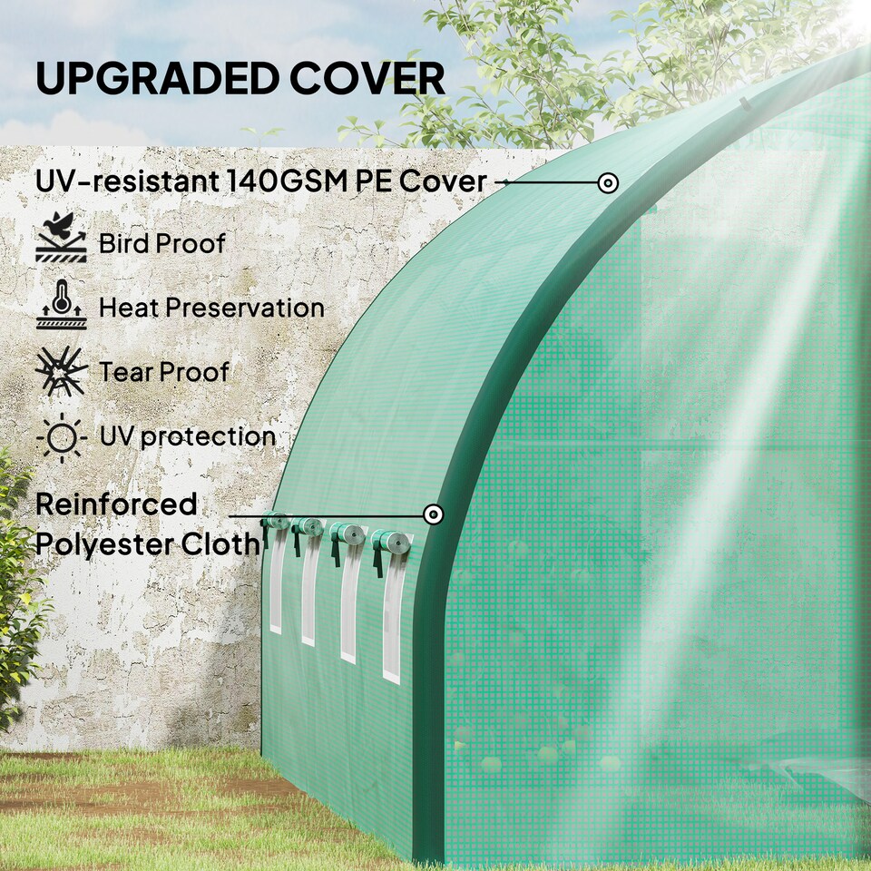 image 1 of Outsunny Tunnel Greenhouse Upgraded Structure, Hinged Doors, 4 x 3 m, Green | Green | 1