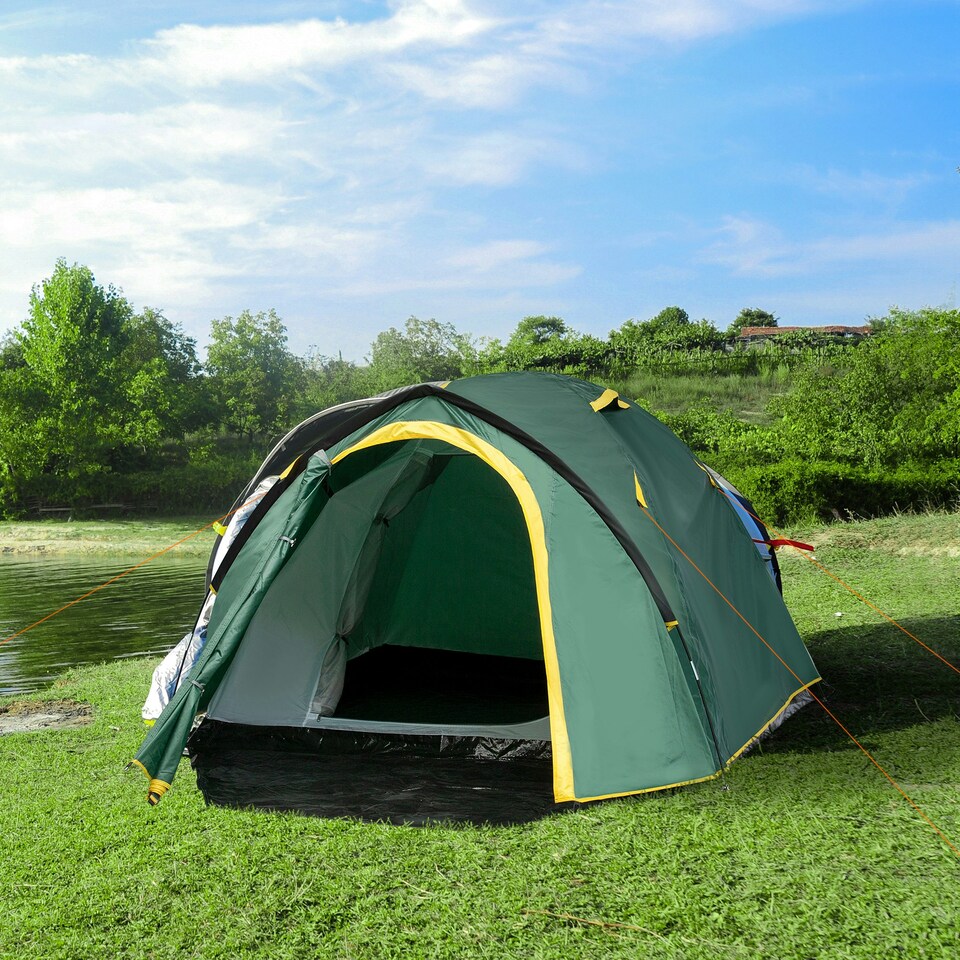 image 1 of Outsunny Compact Camping Tent w/ Vestibule & Mesh Vents for Hiking Green