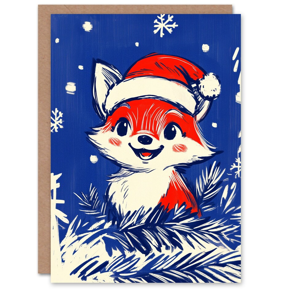 image 1 of Cute Baby Fox With Santa Hat Cartoon For Child Kids Xmas Festive Christmas Card