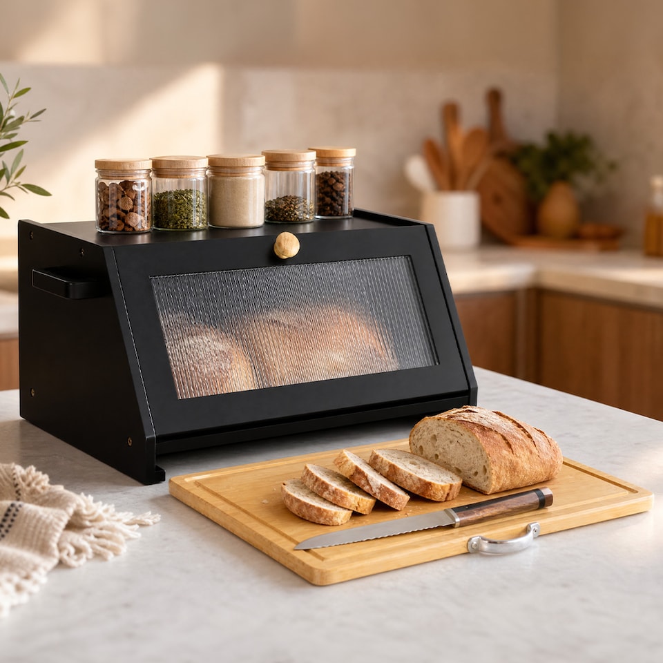 image 1 of TOQUE Bread Box, Wooden Bread Bin 2-Tier Bamboo Bread Storage Holder, Black
