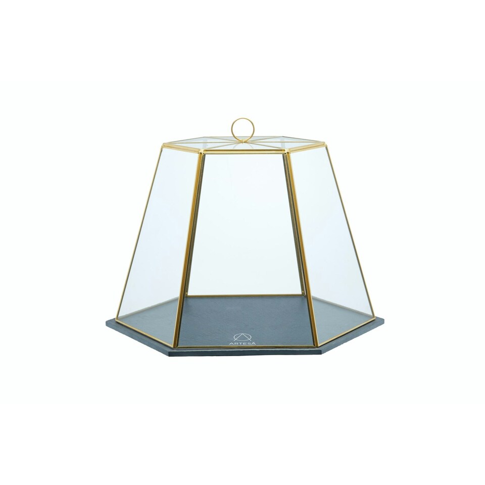 image 1 of 2pc Serveware Set with Serving Cloche with Slate Base and 2-Tier Brass Cake Stand with Round Slate Serving Platters Clear