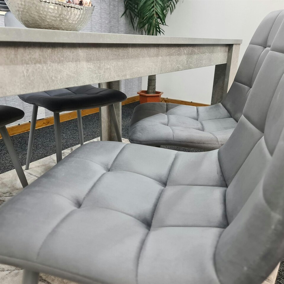 image 1 of Dining Table with 4 Grey Velvet Chairs Stone Grey Effect Wood Table Set for Dining Room Grey