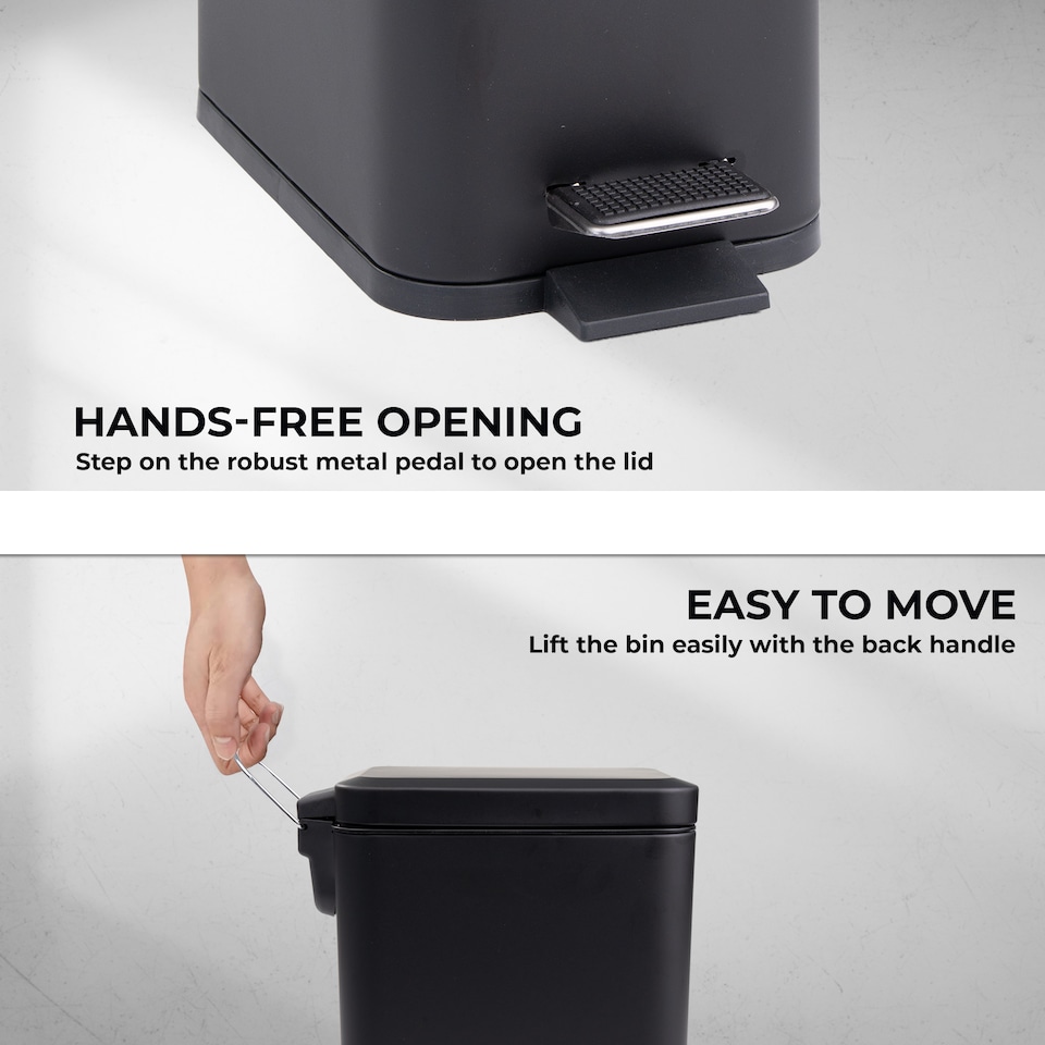 image 1 of 5L BATHROOM SLIM KITCHEN PEDAL RECTANGULAR BIN WASTE WITH SOFT CLOSING LID BLACK | Black