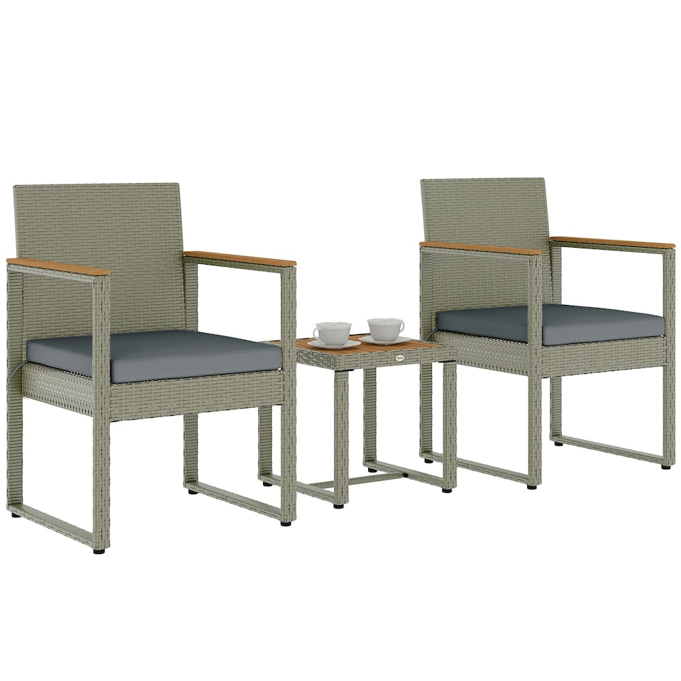 image 1 of Outsunny 3-Piece Rattan Bistro Set with Acacia Wood Table, Grey