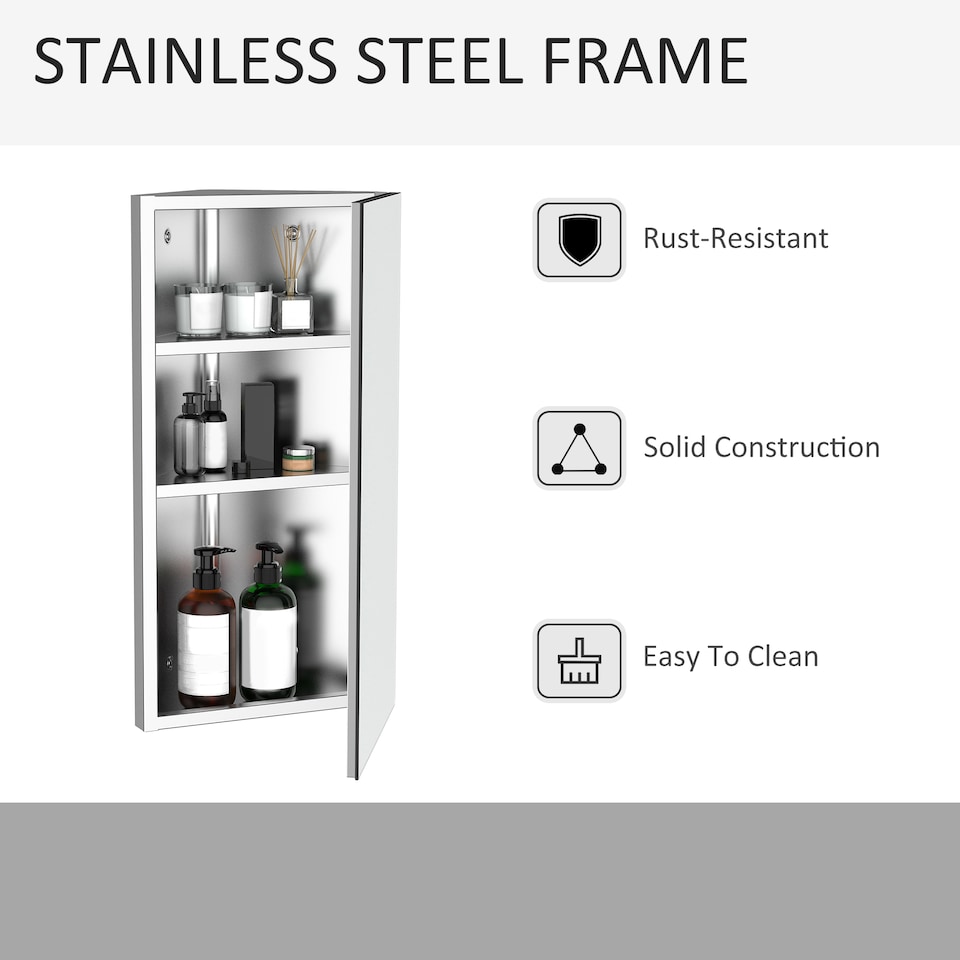 image 1 of HOMCOM Stainless Steel Wall mounted Bathroom Corner Mirror Storage Cabinet Single Door 300mm (W)