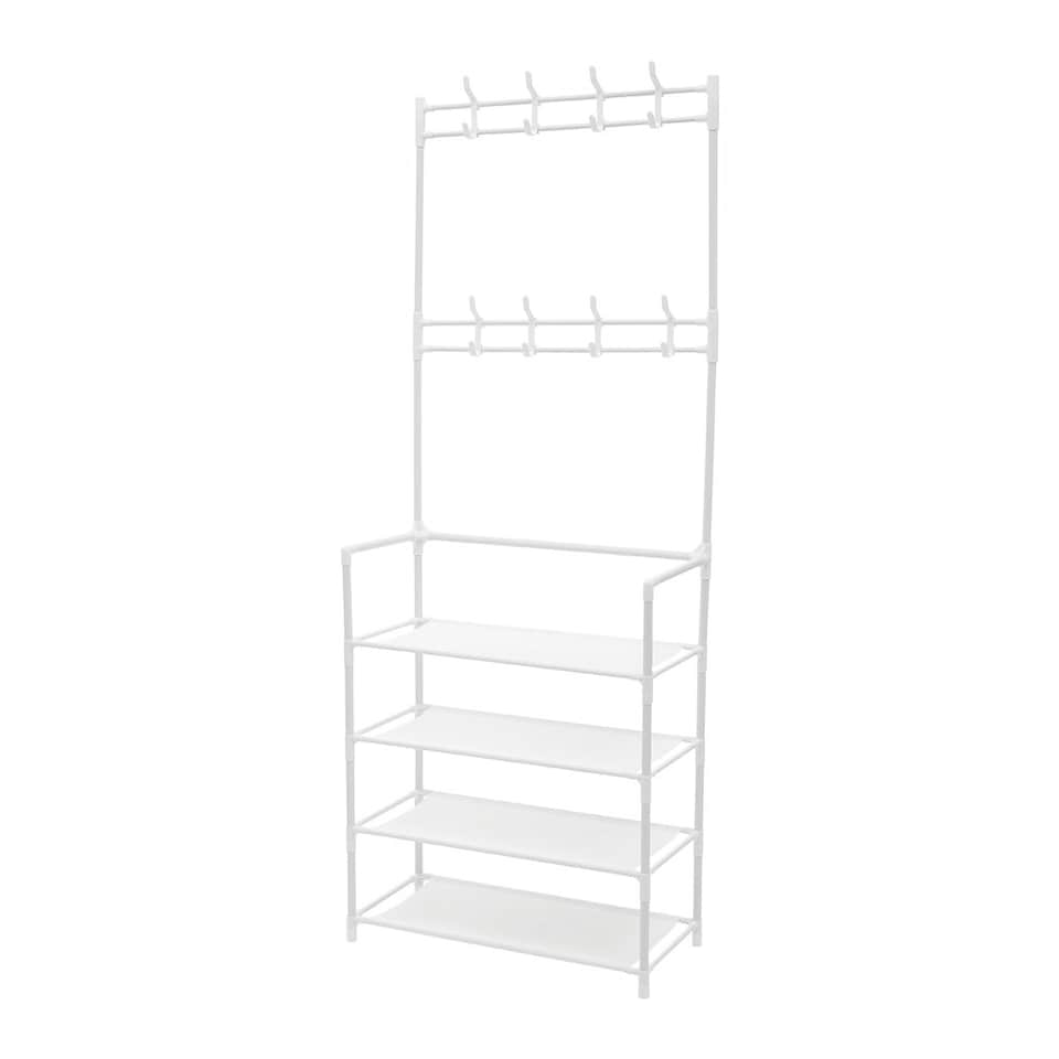 image 1 of Living and Home 4-Tier Metal Shoe Rack with Hooks for Entryway - White